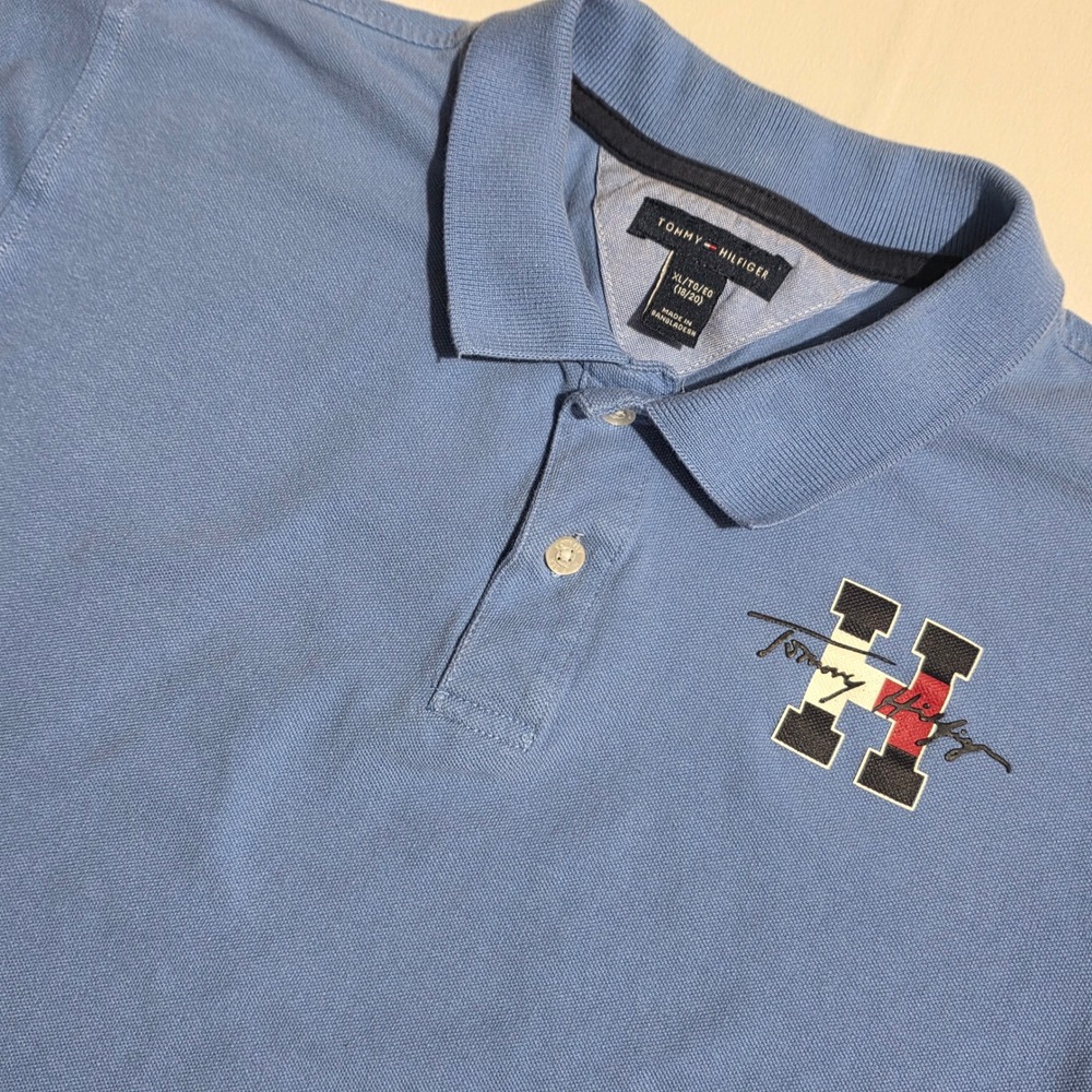 Tommy Hilfiger Boys Blue Short Sleeve Cotton Polo Shirt XL 18 20 Logo Crest